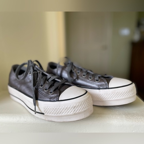 Converse platform All Star leather sneakers gunmetal gray w/ gray shimmer laces - Picture 2 of 11